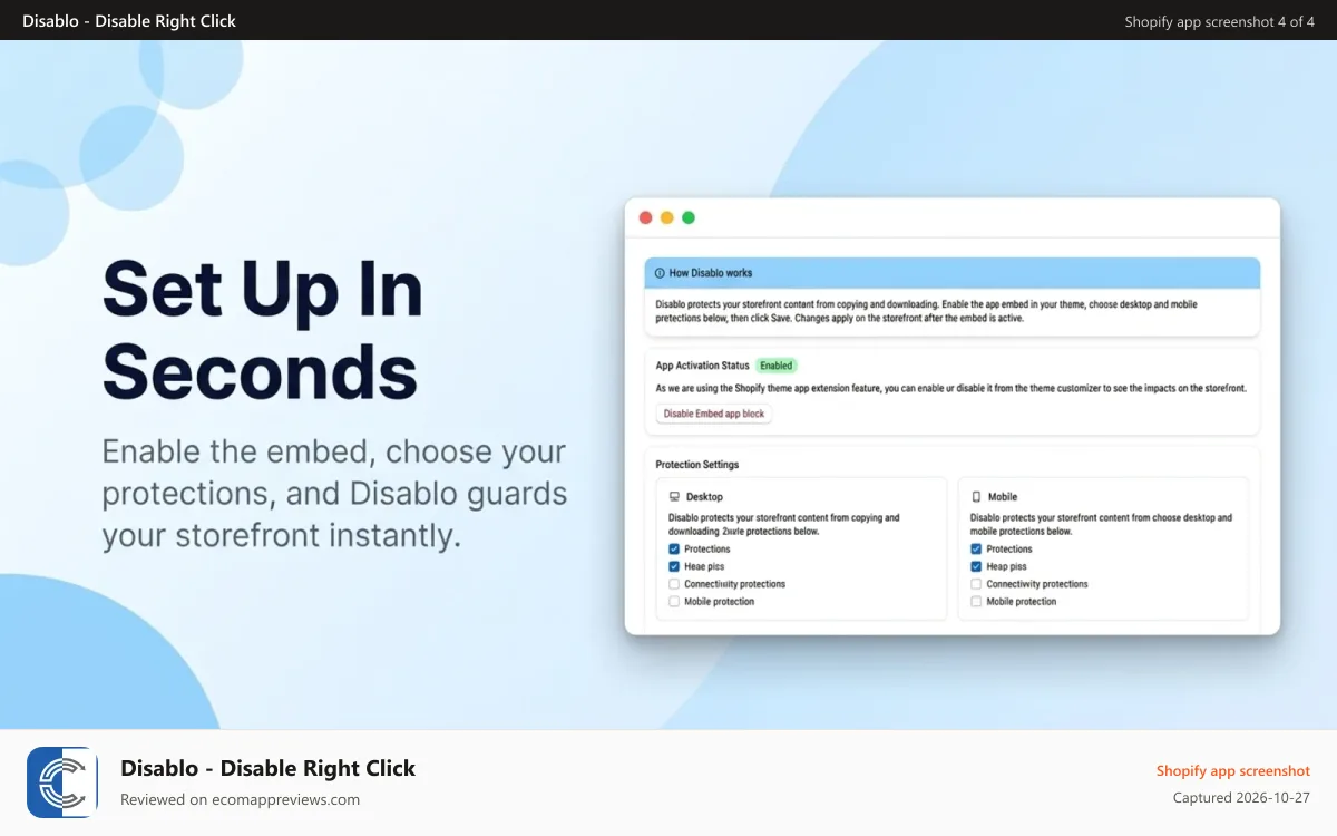 Disablo ‑ Disable Right Click Shopify app screenshot: App Dashboard