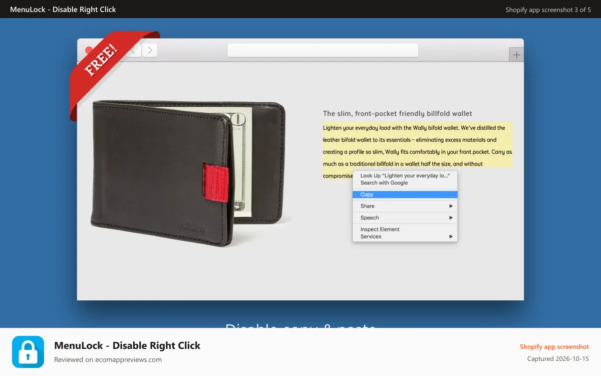 MenuLock ‑ Disable Right Click Shopify app screenshot: Disable copy & paste