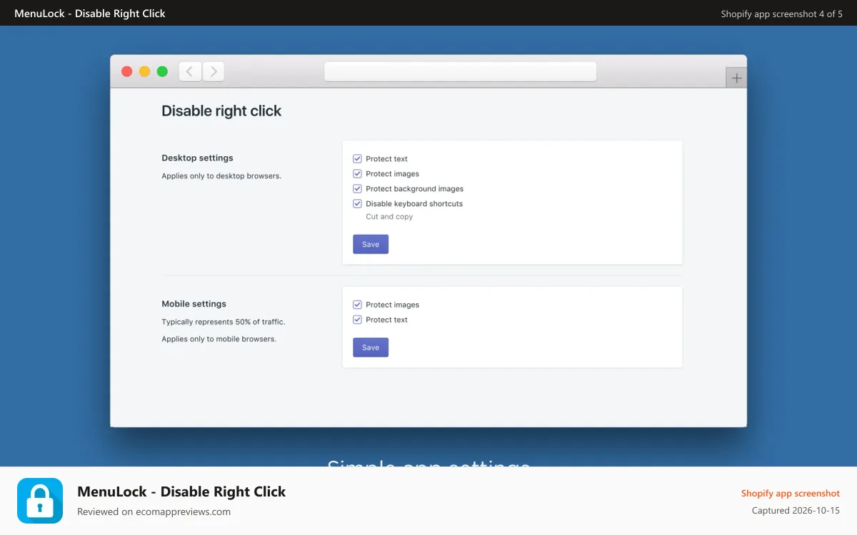 MenuLock ‑ Disable Right Click Shopify app screenshot: Simple app settings