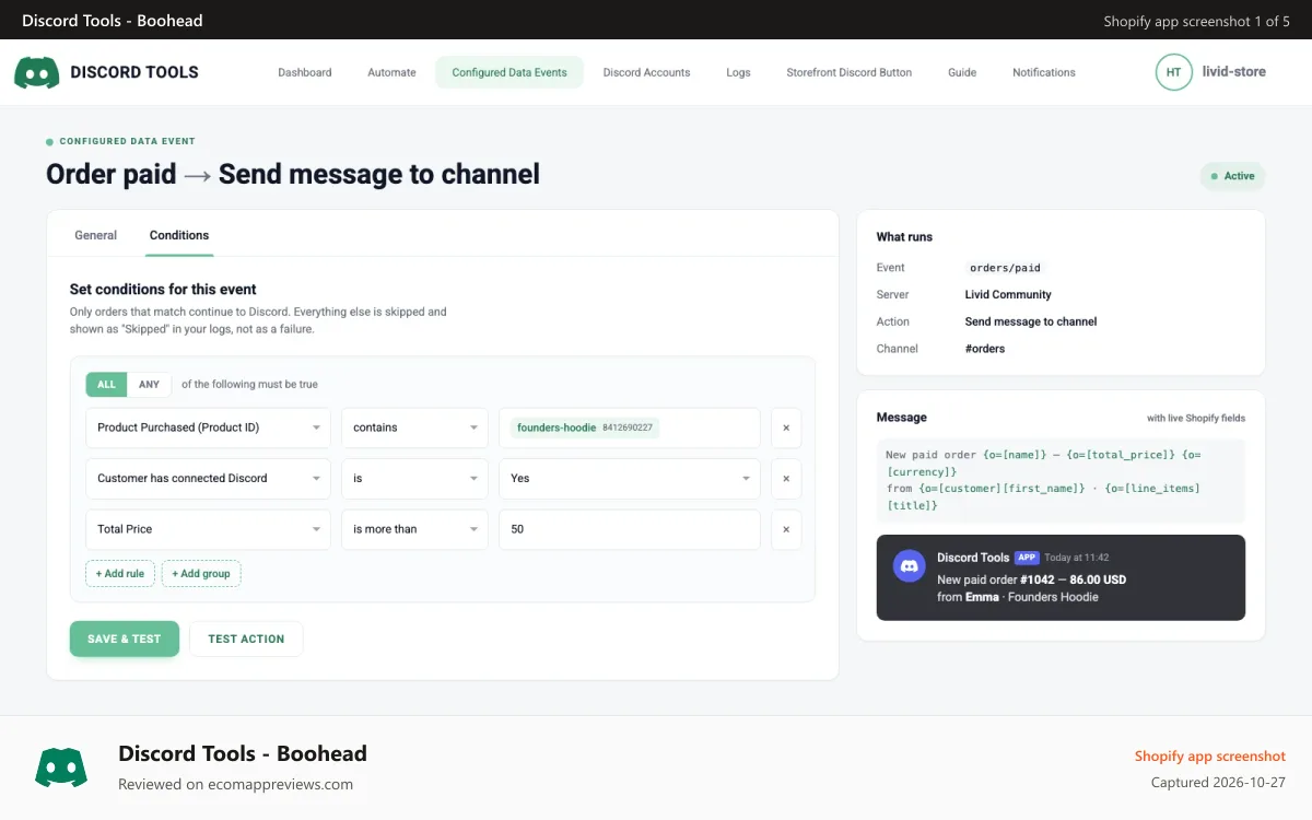 Discord Tools ‑ Boohead Shopify app screenshot: conditions