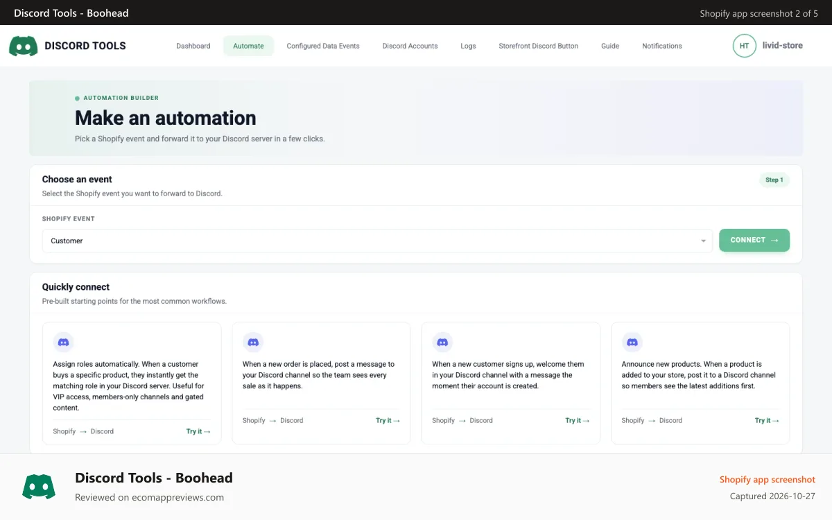 Discord Tools ‑ Boohead Shopify app screenshot: automation