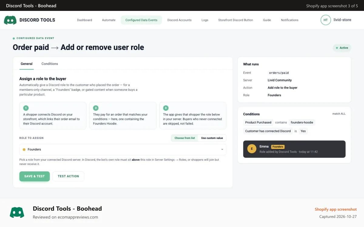 Discord Tools ‑ Boohead Shopify app screenshot: event-configurations