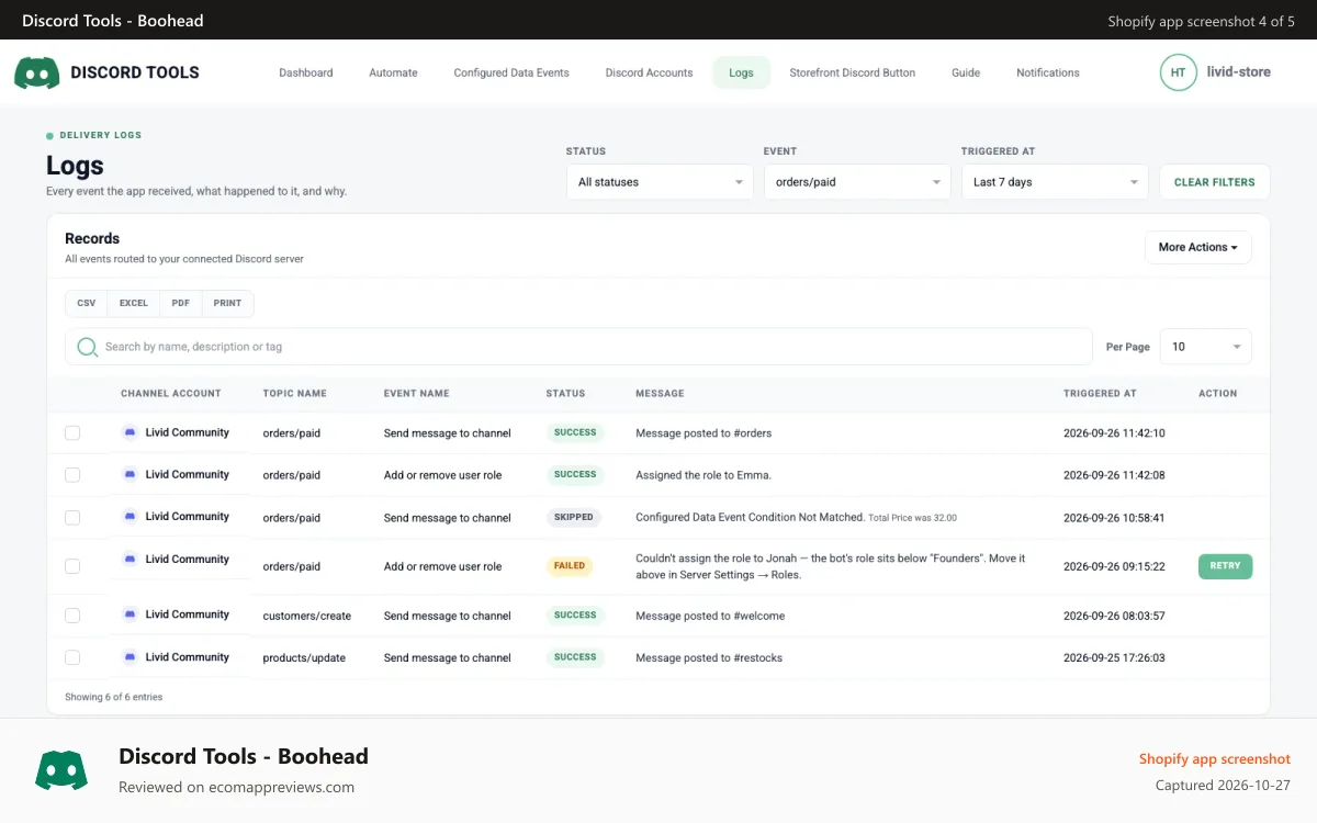 Discord Tools ‑ Boohead Shopify app screenshot: logs