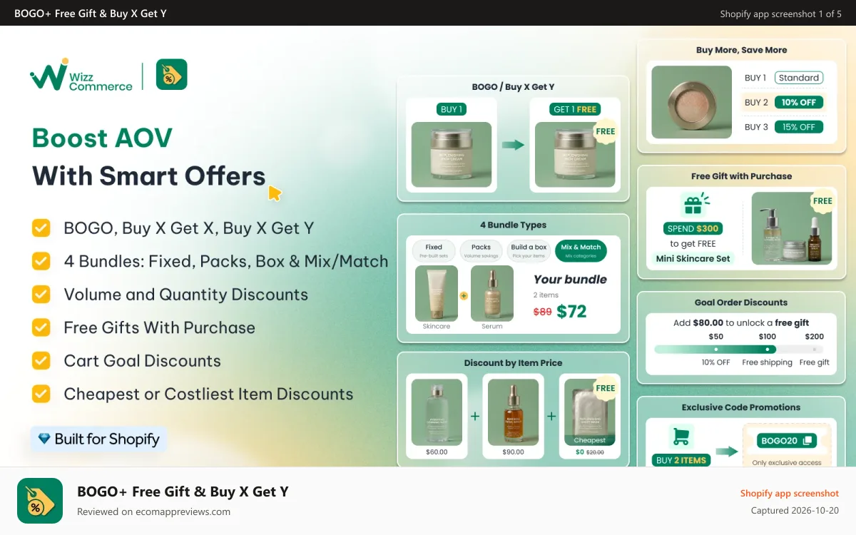 BOGO+ Free Gift & Buy X Get Y Shopify app screenshot: BOGO, Free Gift with Purchase, Buy X Get Y, Goal reward bars