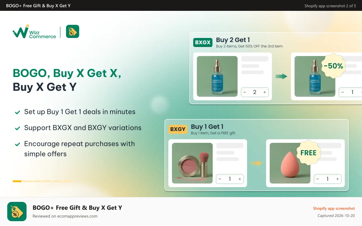 BOGO+ Free Gift & Buy X Get Y Shopify app screenshot: BOGO, Buy X Get X, Buy X Get Y