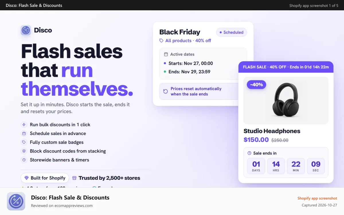 Disco: Flash Sale & Discounts Shopify app screenshot: Boost sales with bulk discounts. Add urgency with timers.