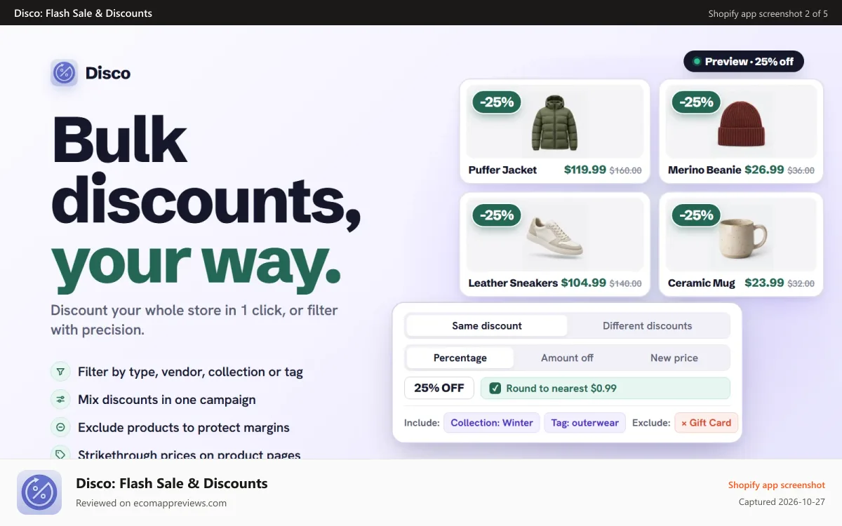 Disco: Flash Sale & Discounts Shopify app screenshot: Bulk discount editor with exclusions and custom pricing rules