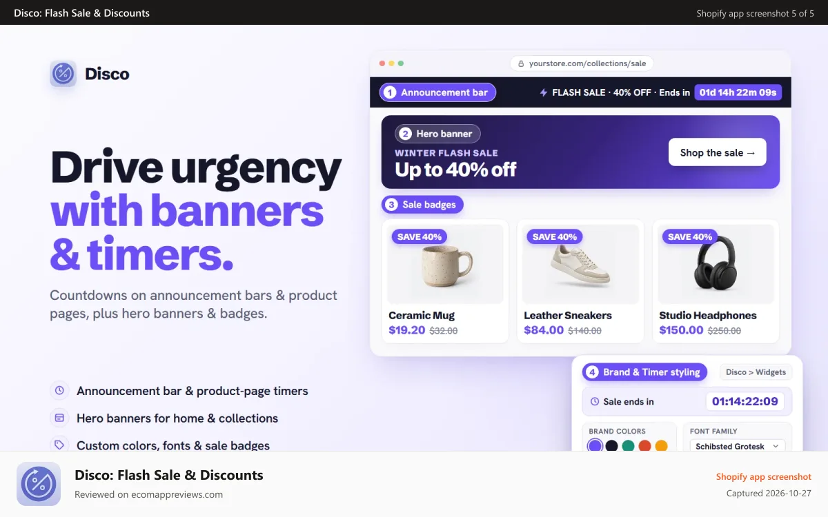 Disco: Flash Sale & Discounts Shopify app screenshot: Customize sale badges and timers to match brand