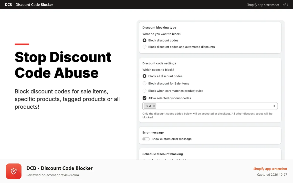 DCB ‑ Discount Code Blocker Shopify app screenshot: block discount codes based on rules