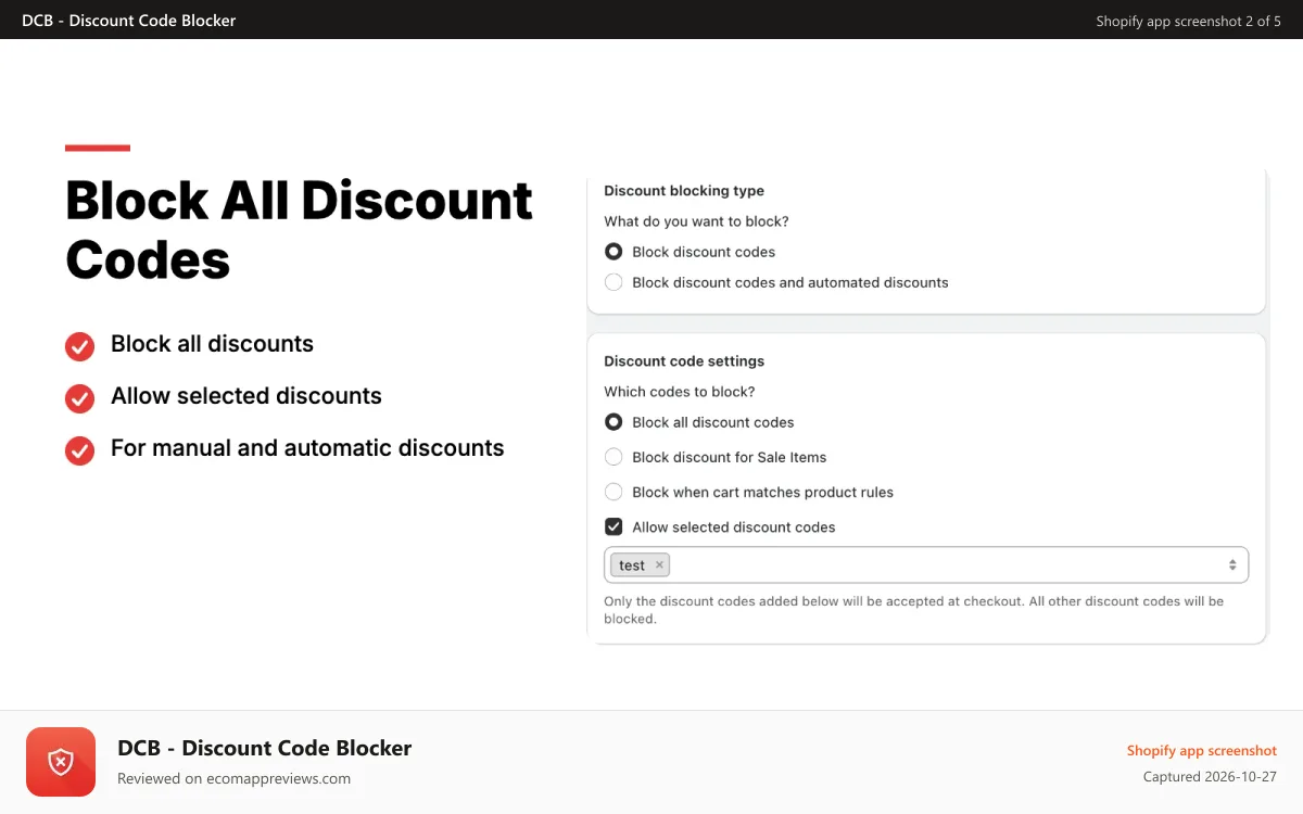 DCB ‑ Discount Code Blocker Shopify app screenshot: Block all discount codes