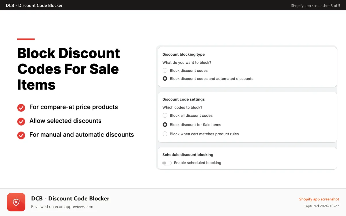 DCB ‑ Discount Code Blocker Shopify app screenshot: Block discount codes from sale items with compare at price