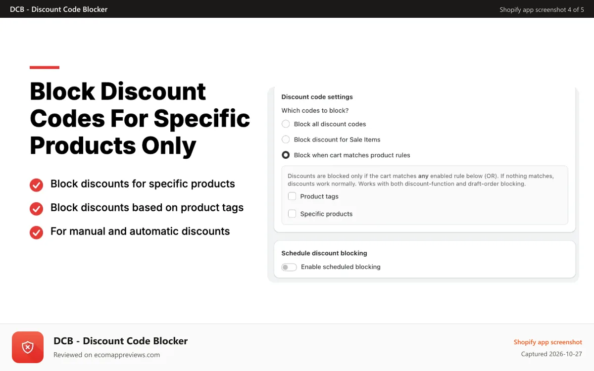 DCB ‑ Discount Code Blocker Shopify app screenshot: Block discount codes for specific products and tag-based product