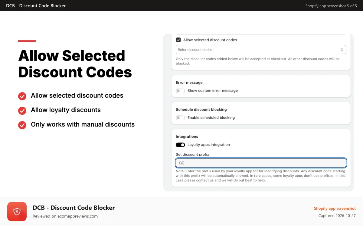 DCB ‑ Discount Code Blocker Shopify app screenshot: Allow selected discount codes but block others in bulk