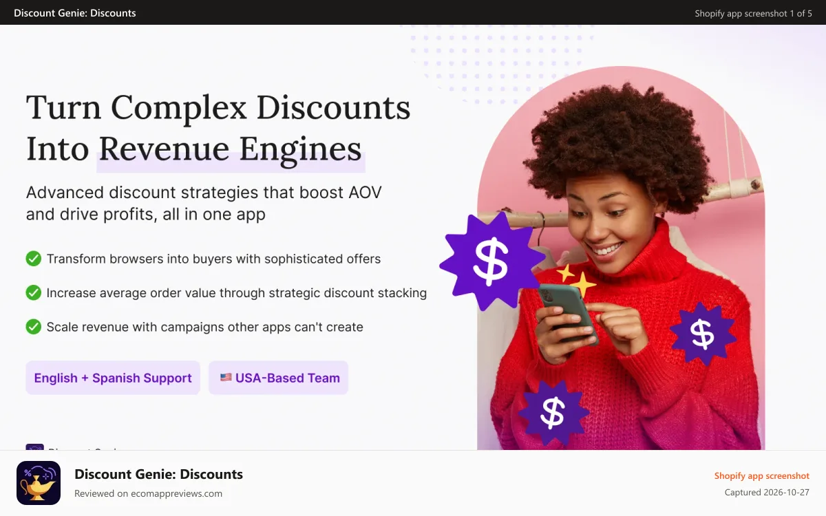 Discount Genie: Discounts Shopify app screenshot: Turn discounts into revenue engines. Strategies to boost AOV now