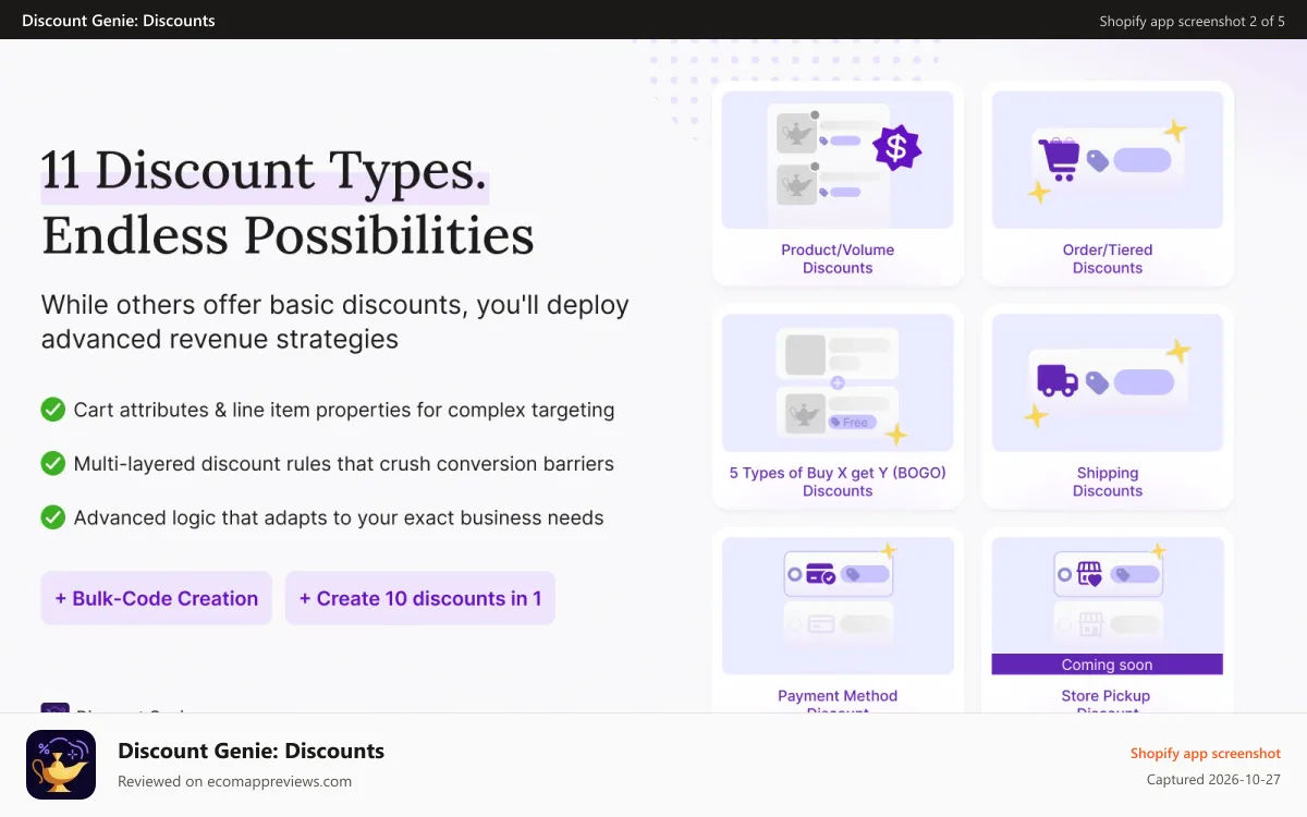 Discount Genie: Discounts Shopify app screenshot: 11 discount types. Endless possibilities