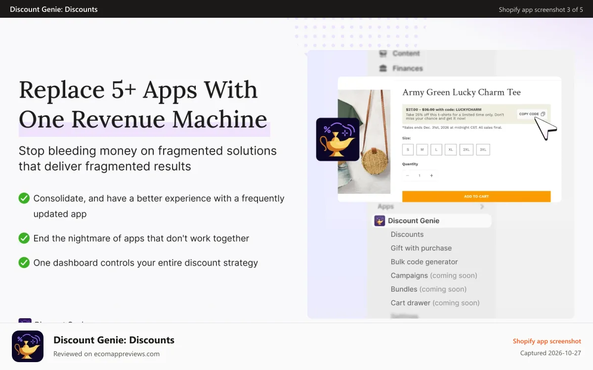 Discount Genie: Discounts Shopify app screenshot: Replace 5+ Apps With One Revenue Machine