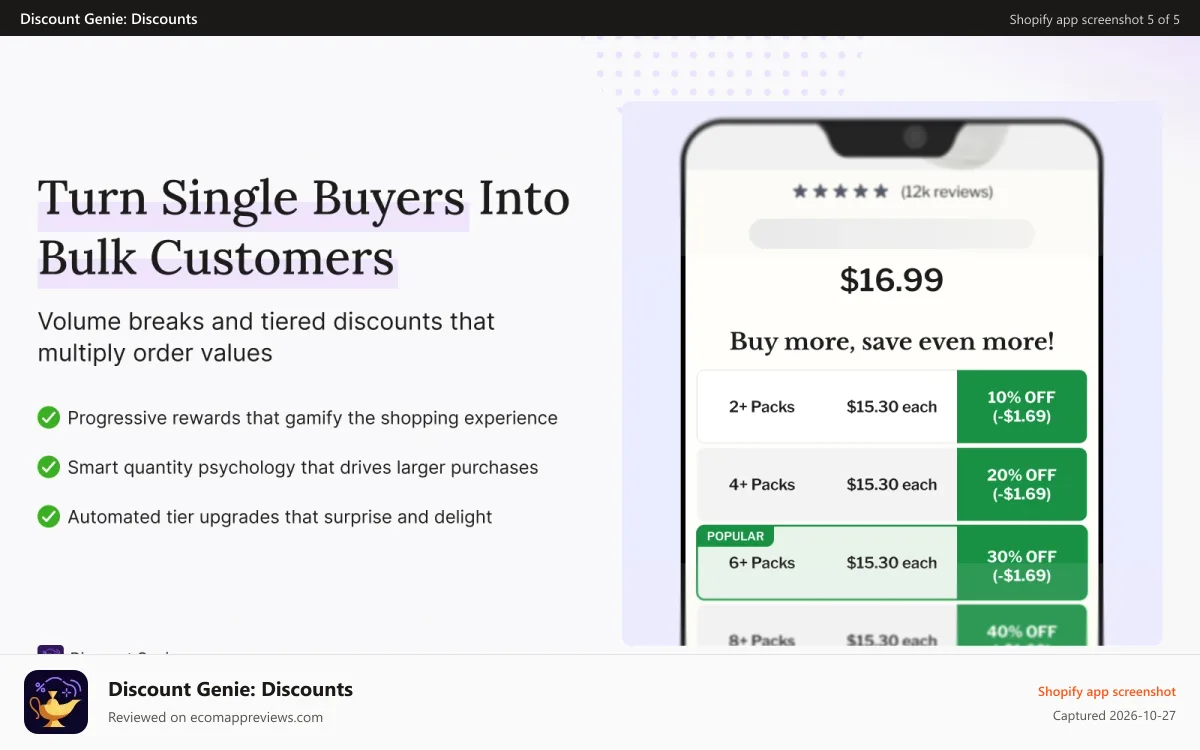 Discount Genie: Discounts Shopify app screenshot: Turn Single Buyers Into Bulk Customers
