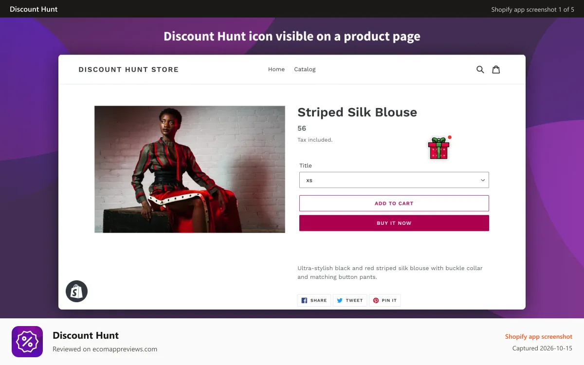 Discount Hunt Shopify app screenshot: Discount Hunt icon visible on a product page