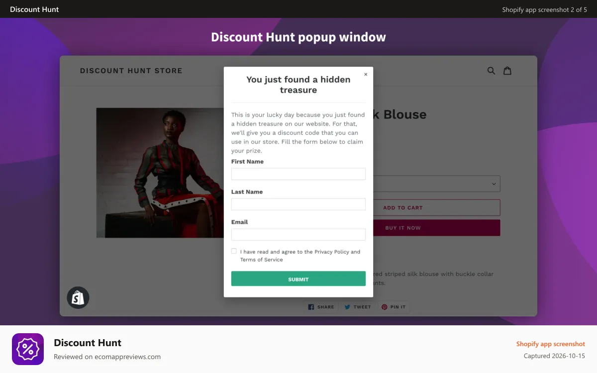 Discount Hunt Shopify app screenshot: Discount Hunt popup window