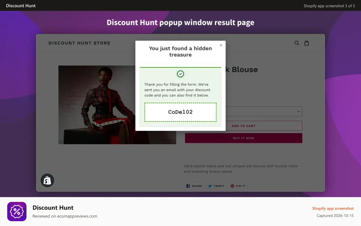 Discount Hunt Shopify app screenshot: Discount Hunt popup window result page