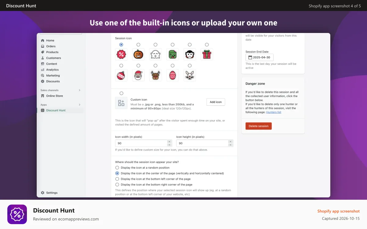 Discount Hunt Shopify app screenshot: Choose an icon for your Discount Hunt session