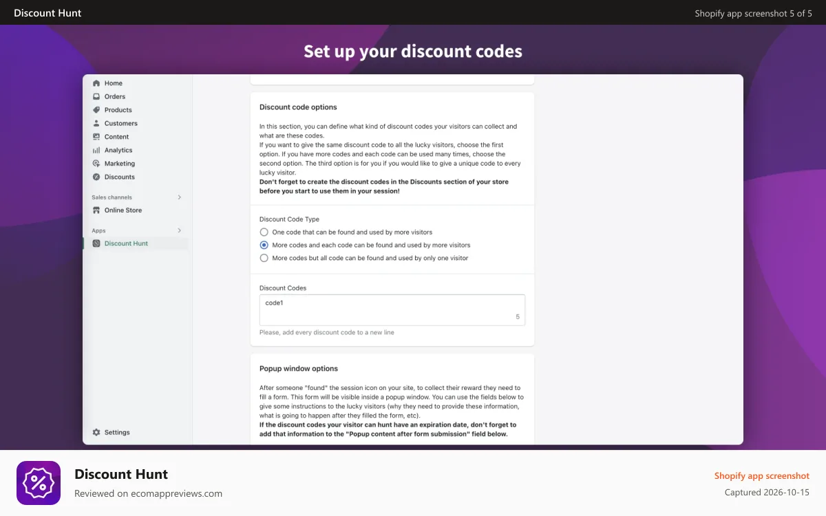 Discount Hunt Shopify app screenshot: Set up your discount codes