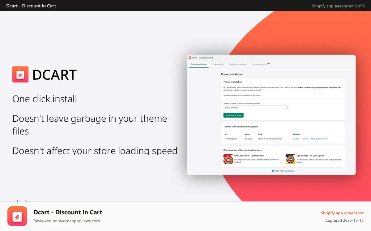 Dcart ‑ Discount in Cart Shopify app screenshot: Change design, colors and texts. App supports multiple languages