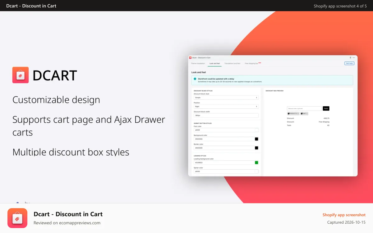 Dcart ‑ Discount in Cart Shopify app screenshot: Discount autocomplete with code via discount shareable link