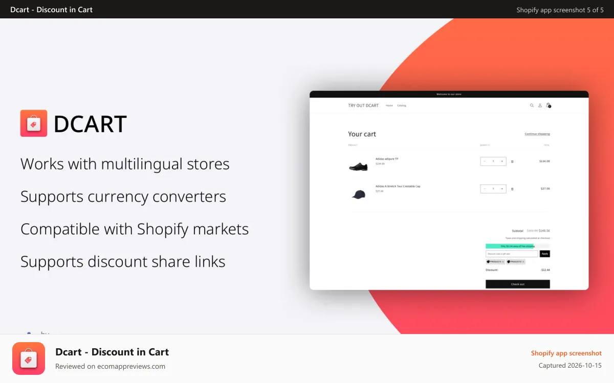 Dcart ‑ Discount in Cart Shopify app screenshot: Apply discount code in cart. Works with fast checkout links.