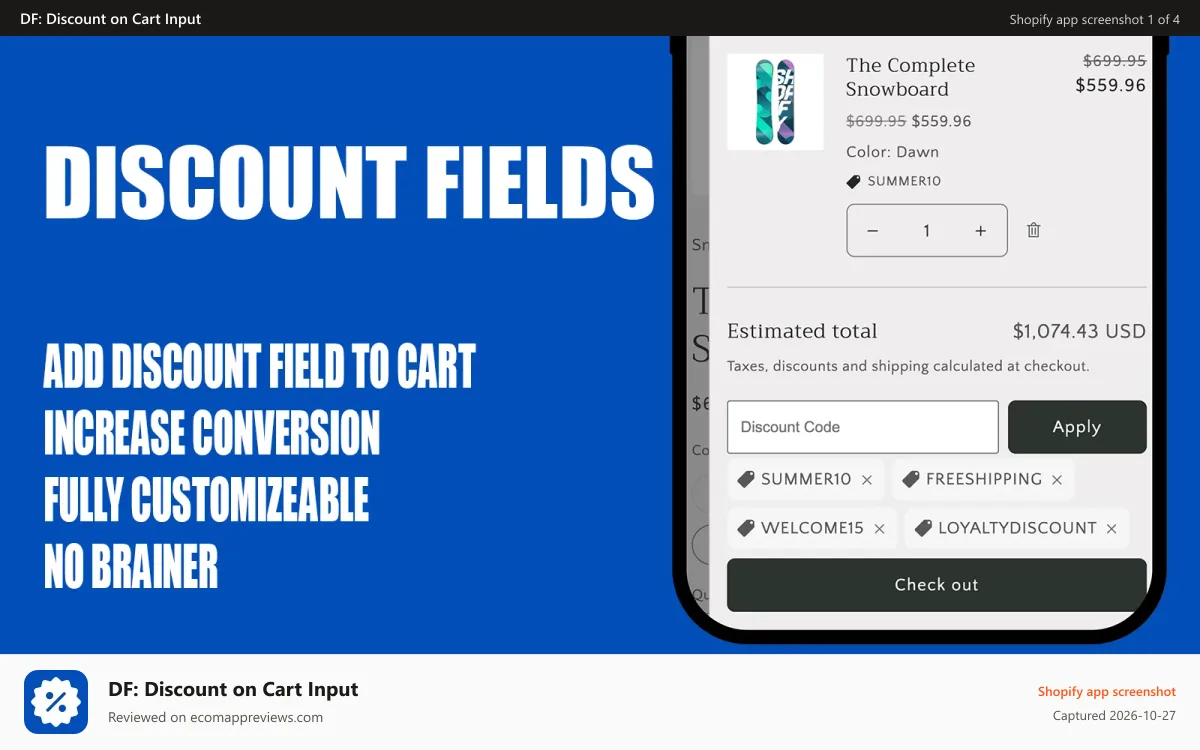 DF: Discount on Cart Input Shopify app screenshot: Add discount fields to storefront