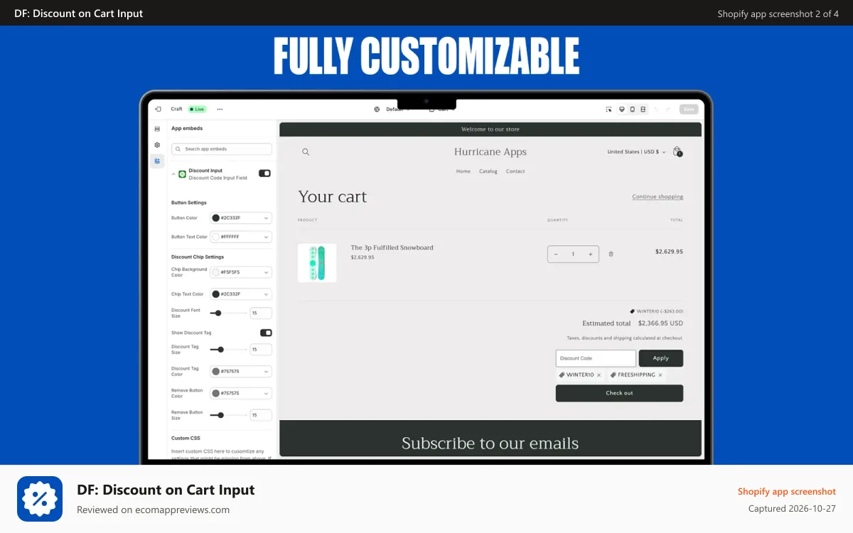 DF: Discount on Cart Input Shopify app screenshot: Fully customizable in theme editor