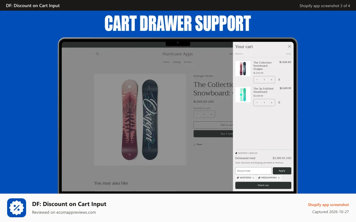 DF: Discount on Cart Input Shopify app screenshot: Cart drawer support for all themes
