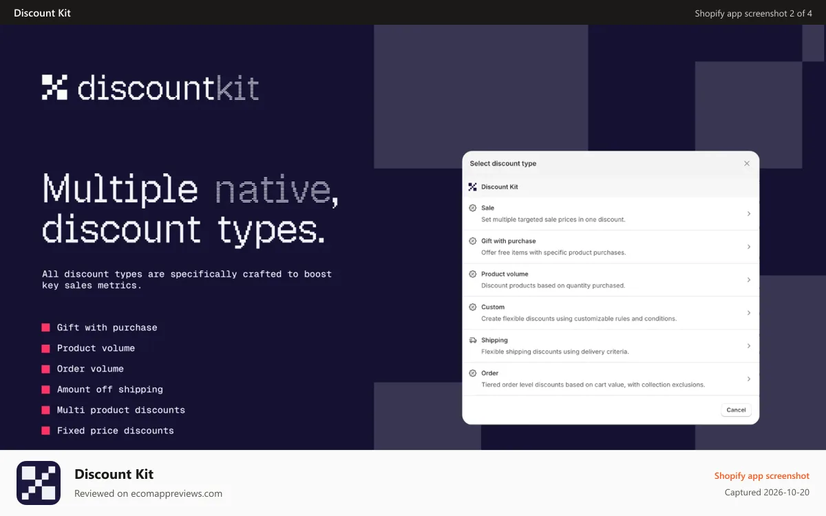 Discount Kit Shopify app screenshot: Discount Kit discount types appear natively