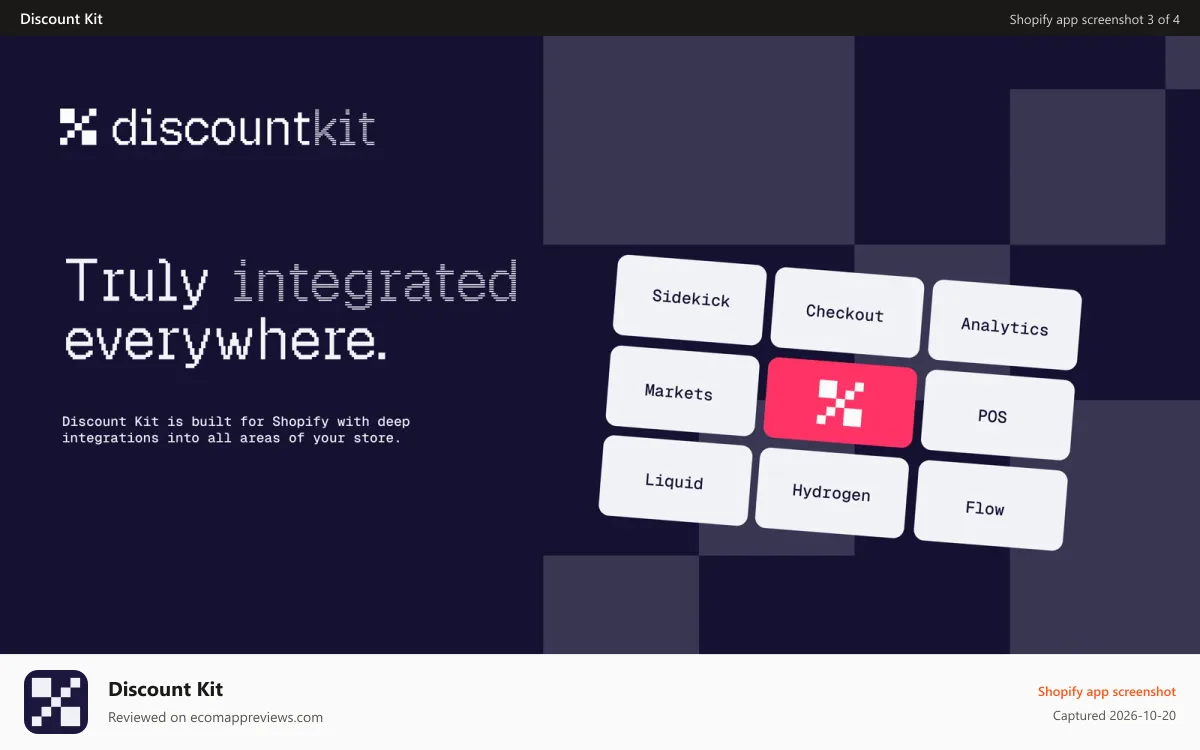 Discount Kit Shopify app screenshot: Built for shopify, integrated everywhere