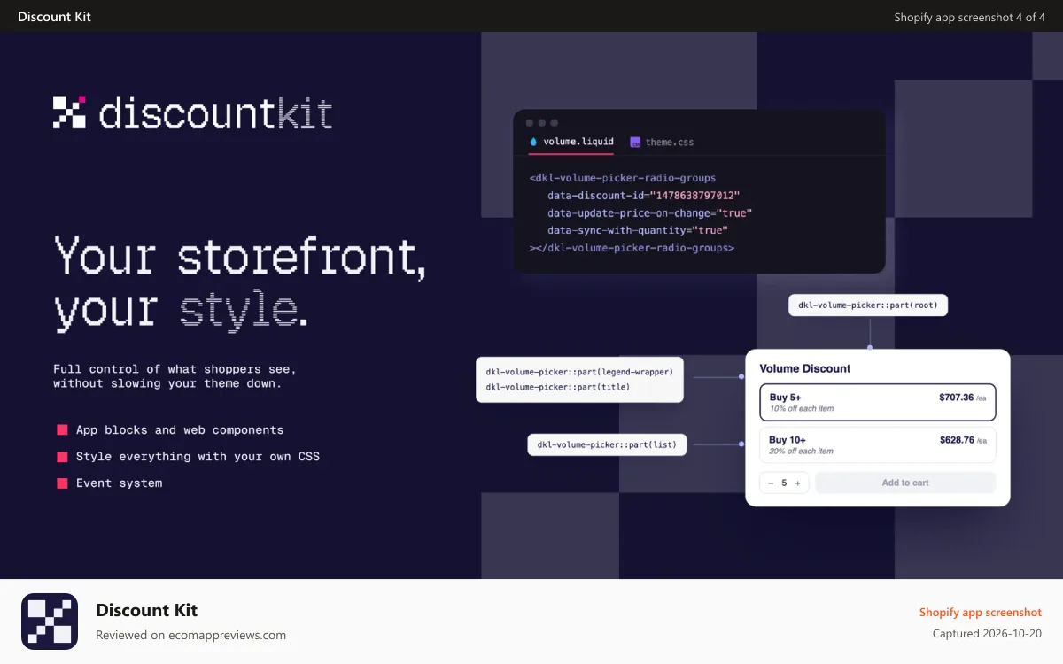 Discount Kit Shopify app screenshot: Your storefront, your stype