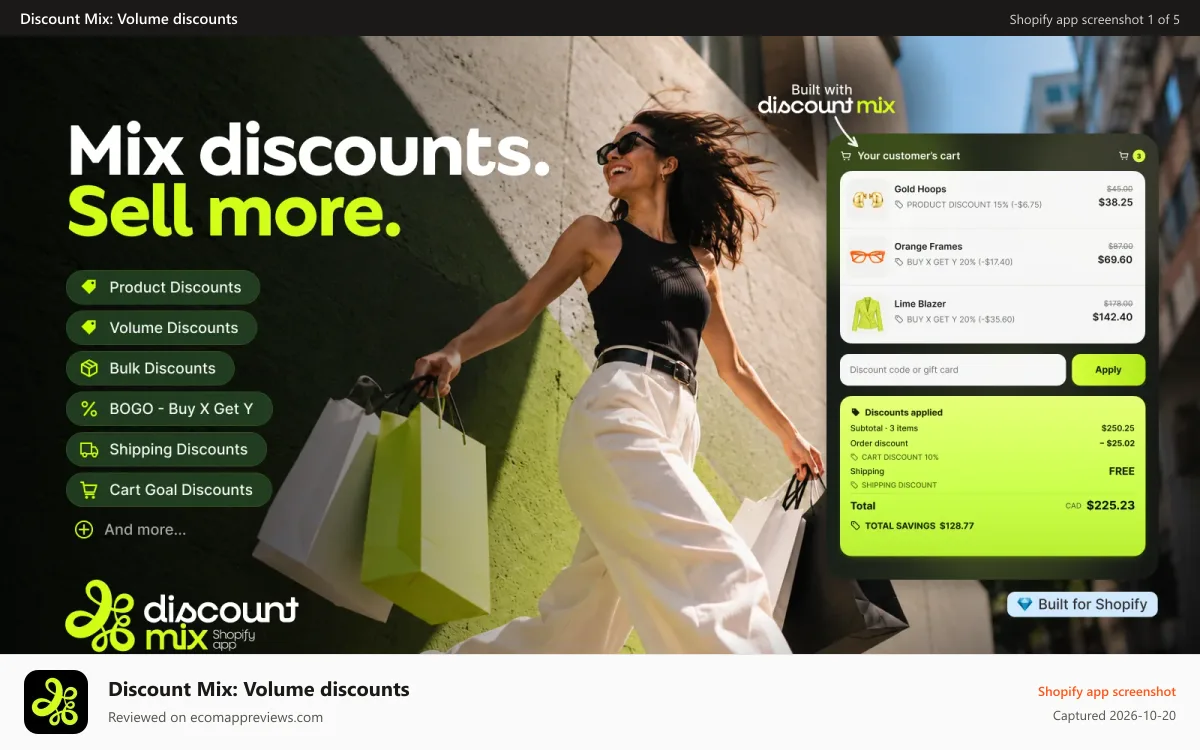 Discount Mix: Volume discounts Shopify app screenshot: Shopify discount mix app for BOGO, bulk and volume discounts