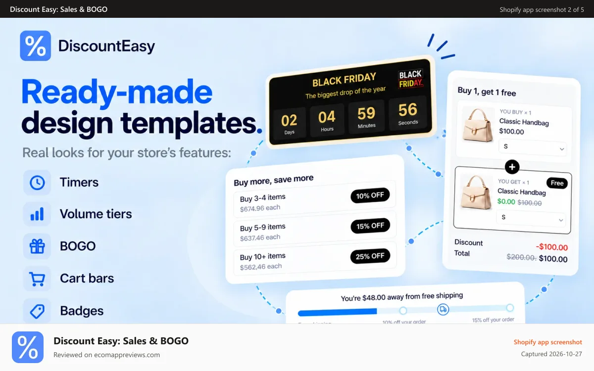 Discount Easy: Sales & BOGO Shopify app screenshot: Templates for timers, volume tiers, BOGO, cart bars and badges