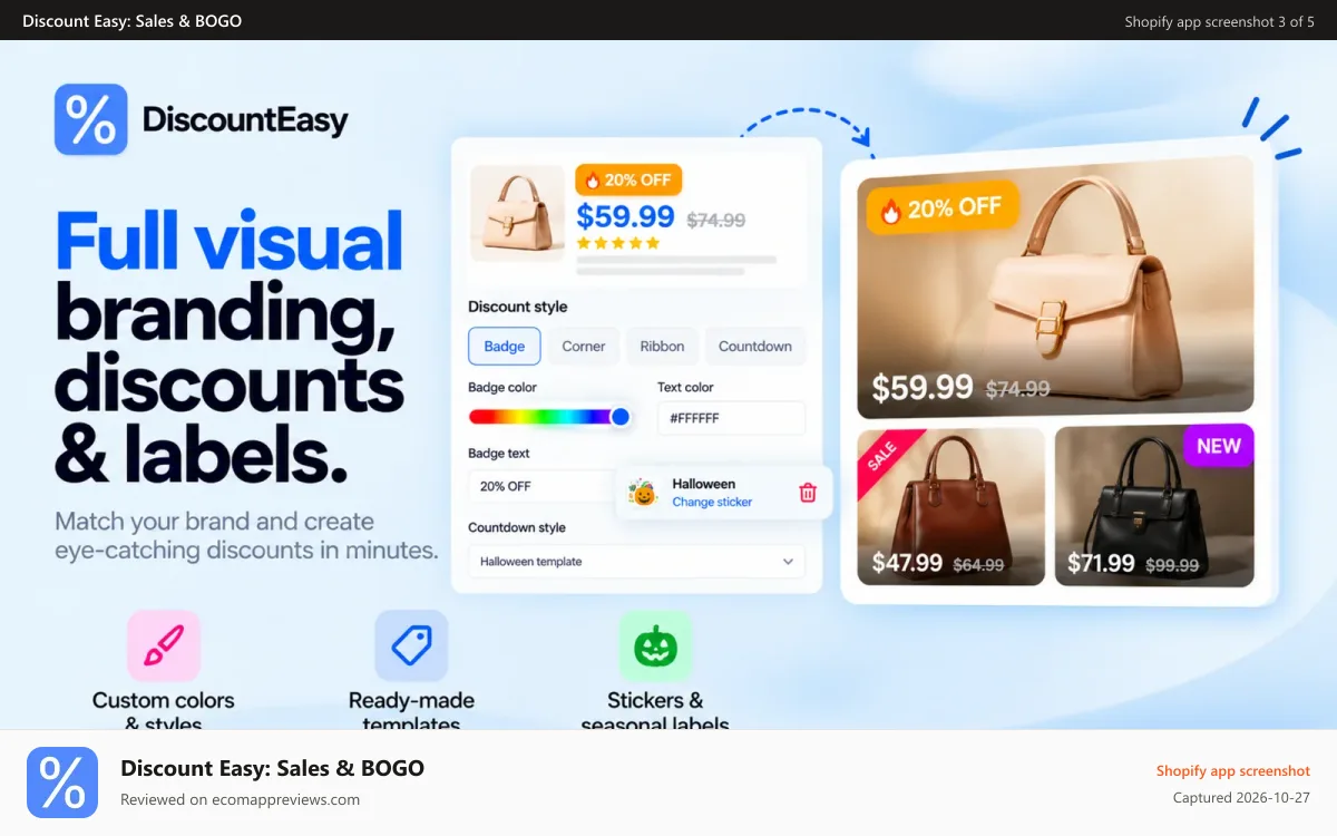 Discount Easy: Sales & BOGO Shopify app screenshot: Custom discount badges labels and price styling
