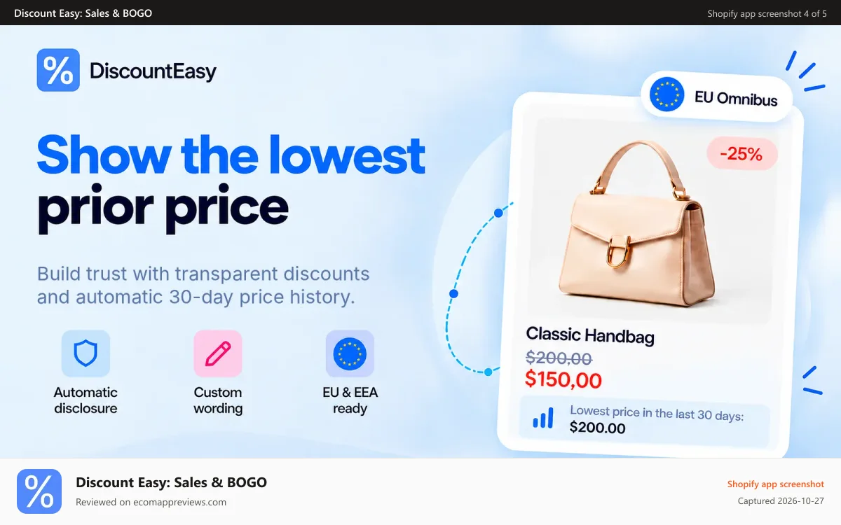 Discount Easy: Sales & BOGO Shopify app screenshot: Automatic lowest price disclosure for EU Omnibus