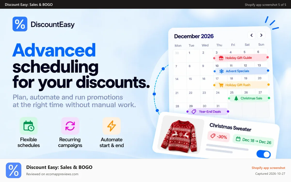 Discount Easy: Sales & BOGO Shopify app screenshot: Advanced campaign scheduling
