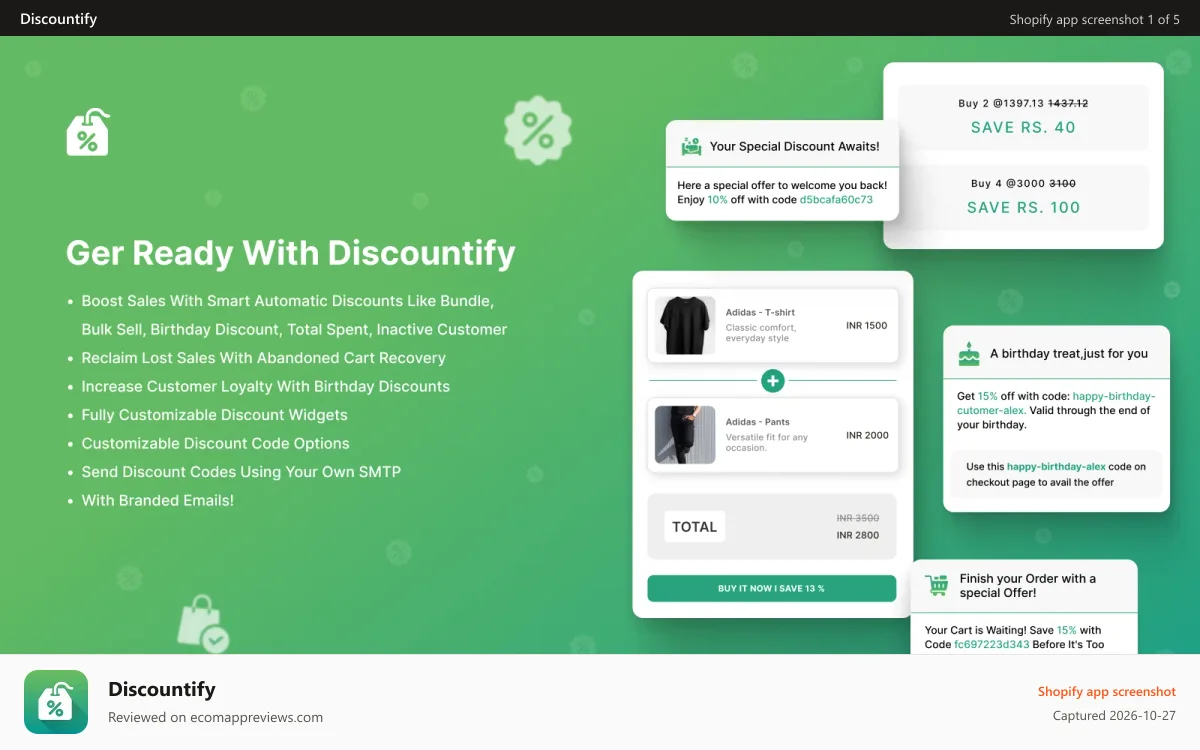 Discountify Shopify app screenshot: Discountify Features