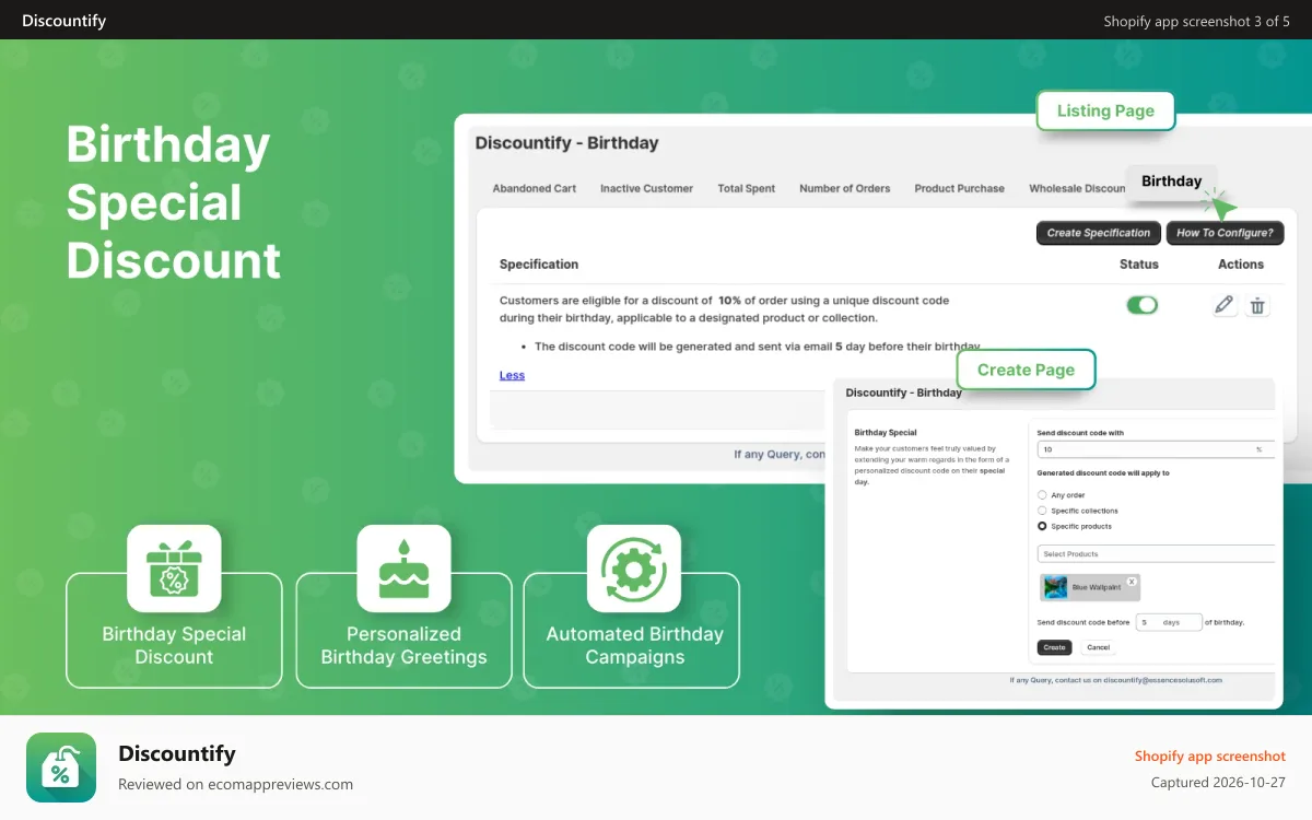 Discountify Shopify app screenshot: Birthday Special Specification Discount