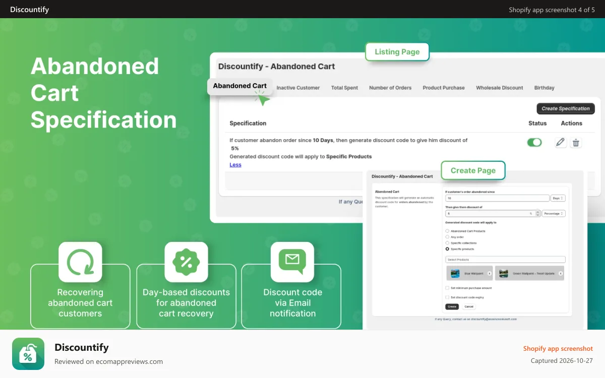 Discountify Shopify app screenshot: Abanodned Cart Specification Discount