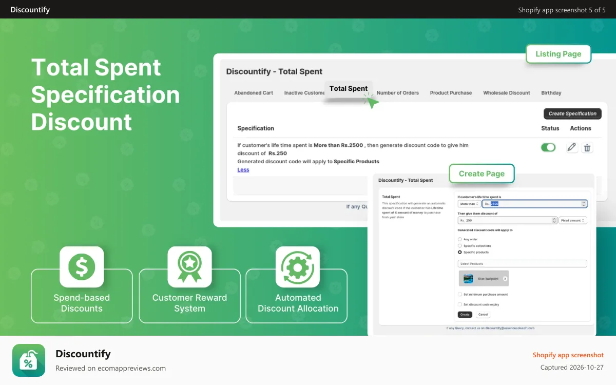 Discountify Shopify app screenshot: Total Spent Specification Discount