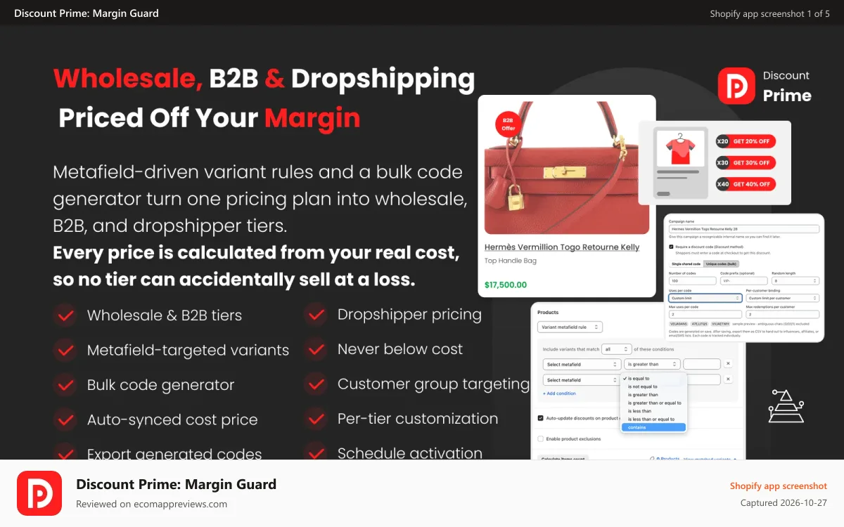 Discount Prime: Margin Guard Shopify app screenshot: Wholesale, B2B and dropshipping tiers priced off your margin
