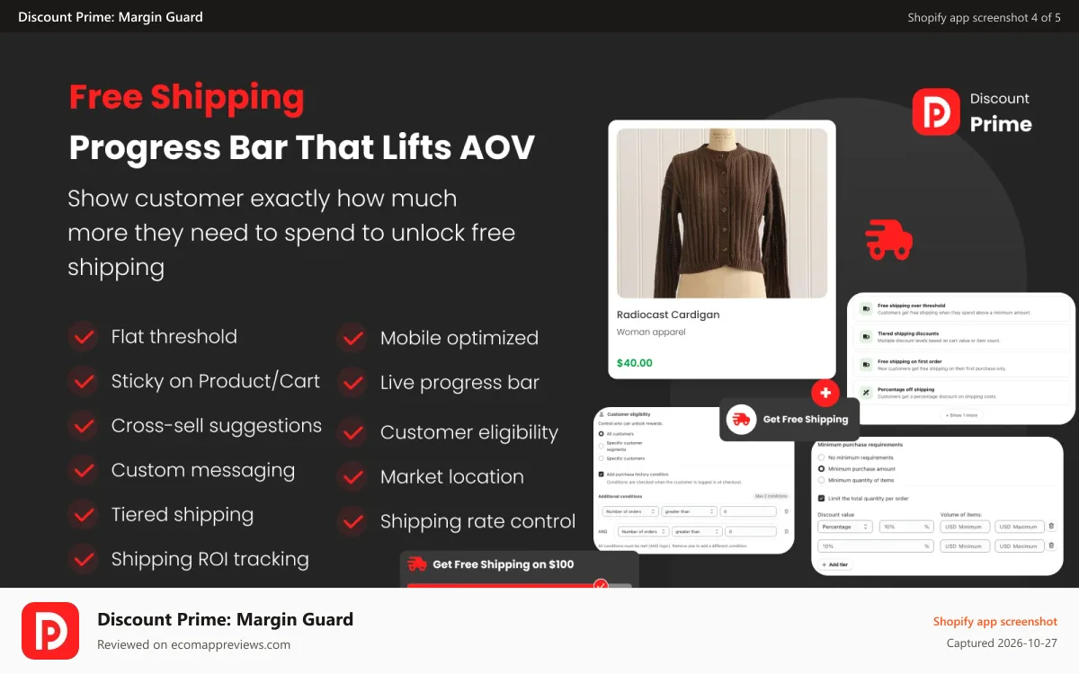 Discount Prime: Margin Guard Shopify app screenshot: Free shipping progress bar with tiered thresholds
