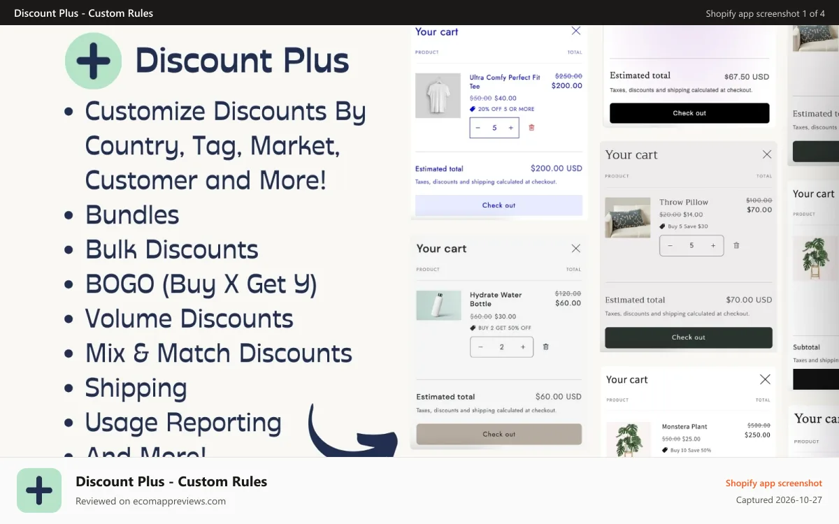 Discount Plus ‑ Custom Rules Shopify app screenshot: Volume Based Discount Hero Image. Showcasing different discounts