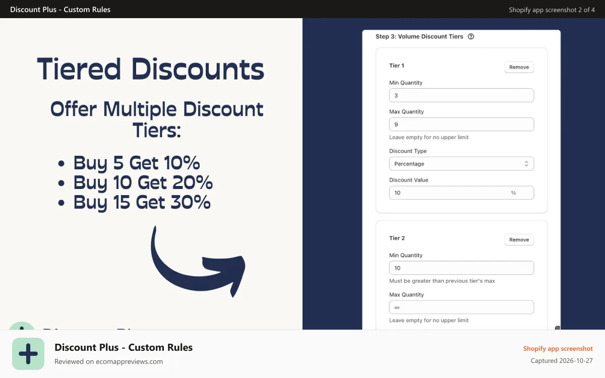 Discount Plus ‑ Custom Rules Shopify app screenshot: Example of the app offering multiple tiered discounts