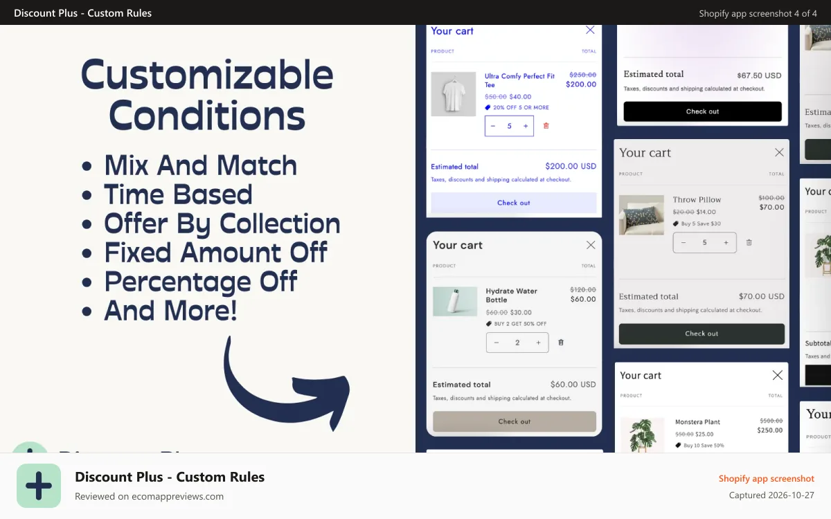 Discount Plus ‑ Custom Rules Shopify app screenshot: Example of all of the discount customizations available