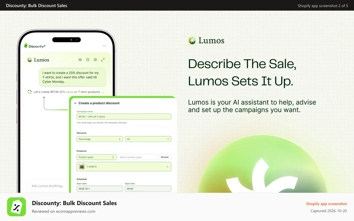 Discounty: Bulk Discount Sales Shopify app screenshot: Describe a sale and Lumos sets it up for you to check and save